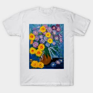 A beautiful bouquet flowers in a glass and gold vase . Using my favorite colors as vibrant background Using Acrylic and metallic paints. T-Shirt